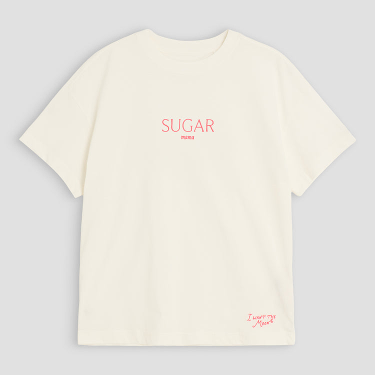 SUGAR mama - Luxury Line Oversized Embroidered T-Shirt in Luna Glow Off-White / Sorbet Pink