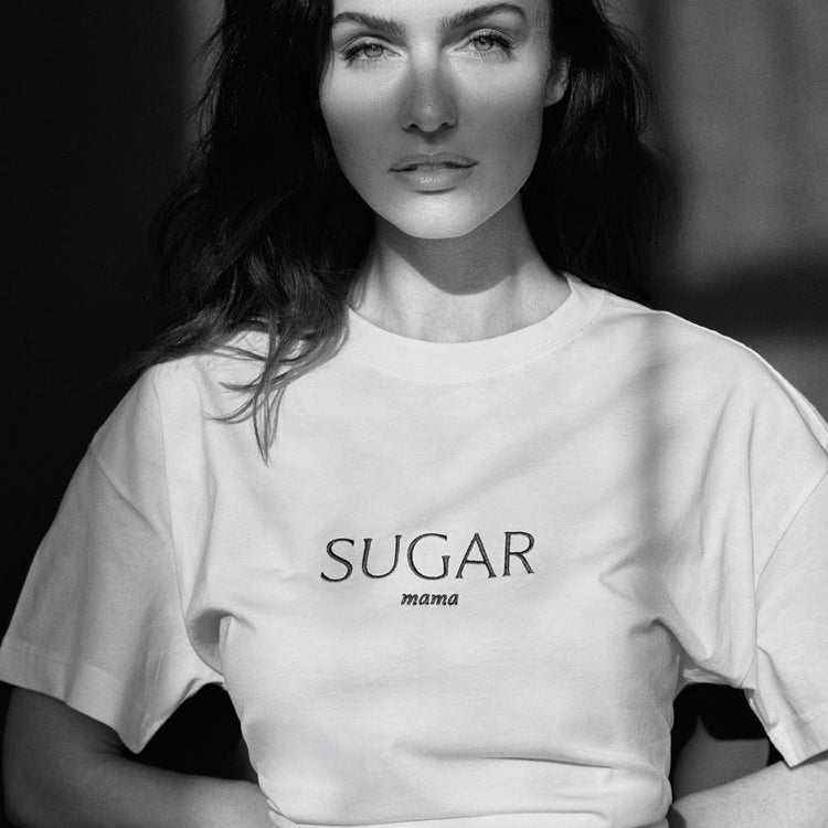 SUGAR mama – Luxury Line Oversized Embroidered T-Shirt in Luna Glow Off-White / Moongrey