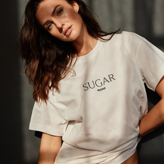 SUGAR mama – Luxury Line Oversized Embroidered T-Shirt in Luna Glow Off-White / Moongrey