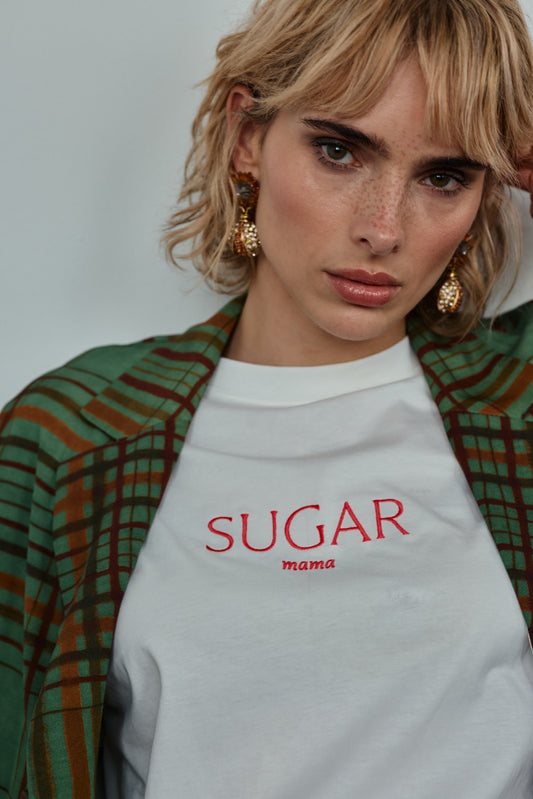 SUGAR mama - Luxury Line Oversized Embroidered T-Shirt in Luna Glow Off-White / Sorbet Pink