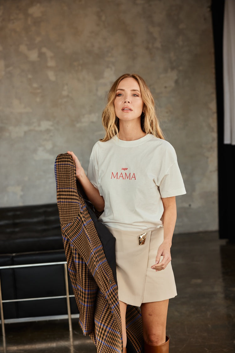 sugar MAMA -  Luxury Line Oversized Embroidered T-Shirt in Luna Glow Off-White / Sorbet Pink