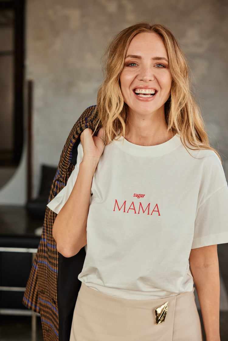 sugar MAMA -  Luxury Line Oversized Embroidered T-Shirt in Luna Glow Off-White / Sorbet Pink