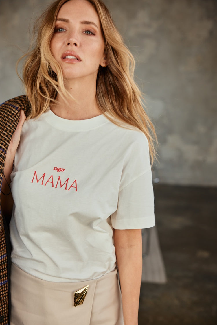 sugar MAMA -  Luxury Line Oversized Embroidered T-Shirt in Luna Glow Off-White / Sorbet Pink