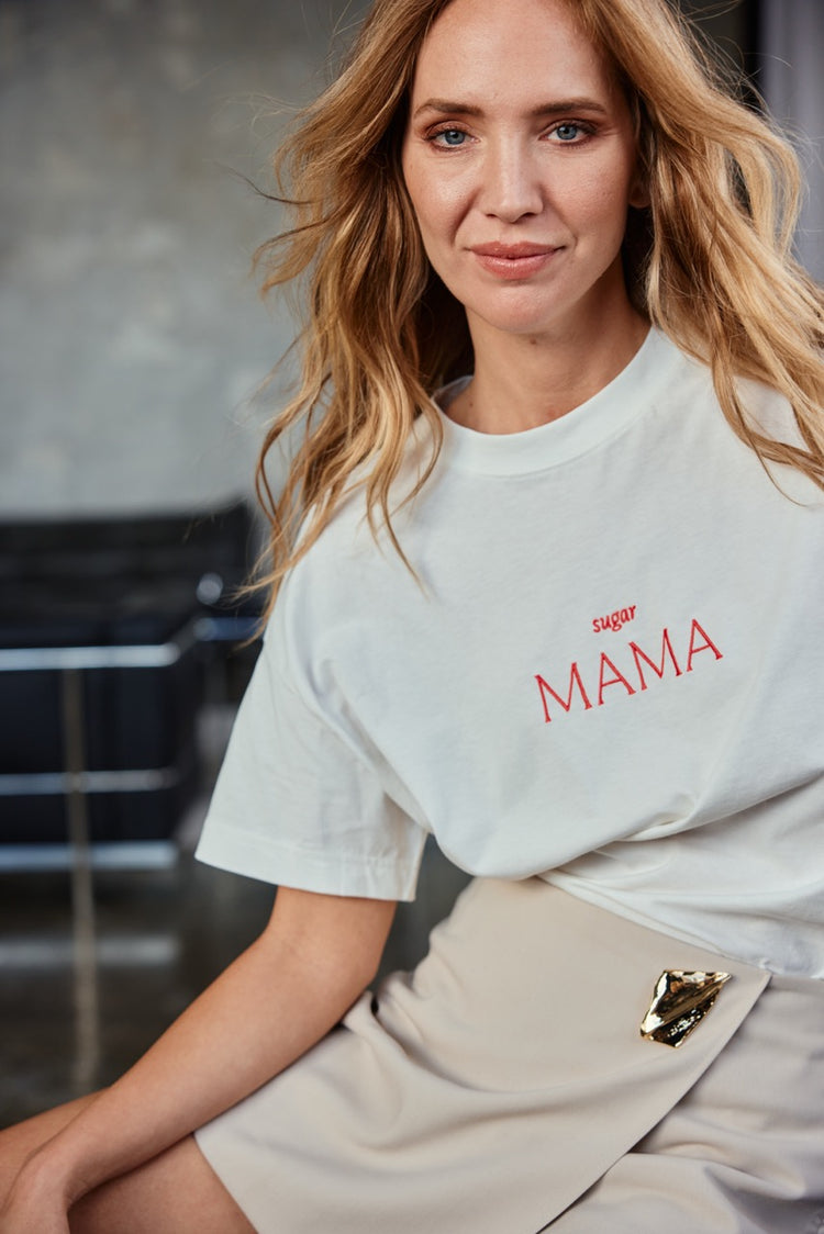 sugar MAMA -  Luxury Line Oversized Embroidered T-Shirt in Luna Glow Off-White / Sorbet Pink