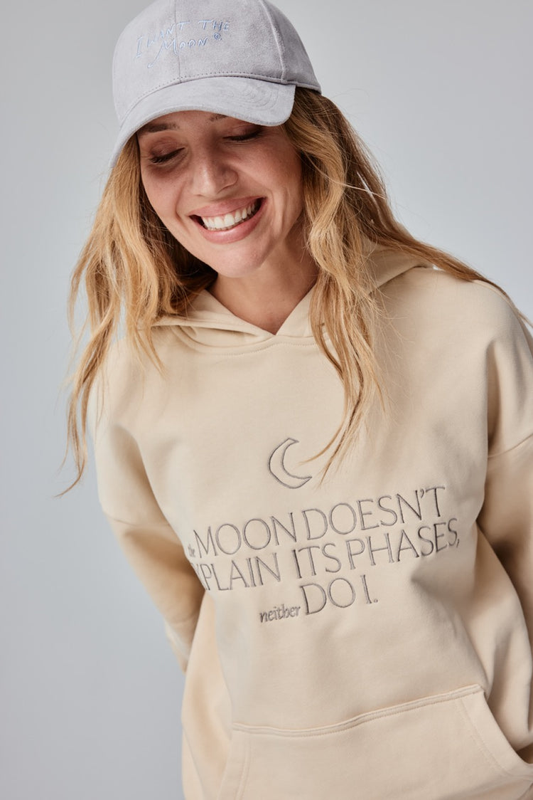 The Moon Doesn’t Explain Its Phases – Neither Do I – Luxury Line Embroidered Hoodie in Sandy Beige
