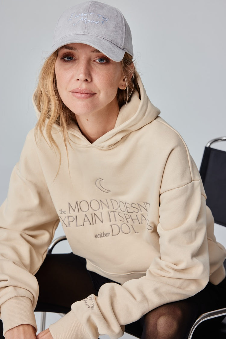 The Moon Doesn’t Explain Its Phases – Neither Do I – Luxury Line Embroidered Hoodie in Sandy Beige