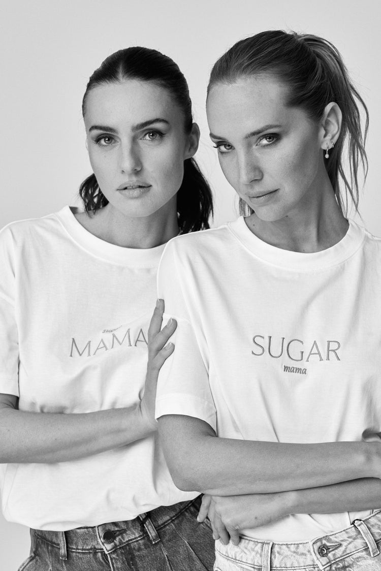 SUGAR mama – Luxury Line Oversized Embroidered T-Shirt in Luna Glow Off-White / Moongrey